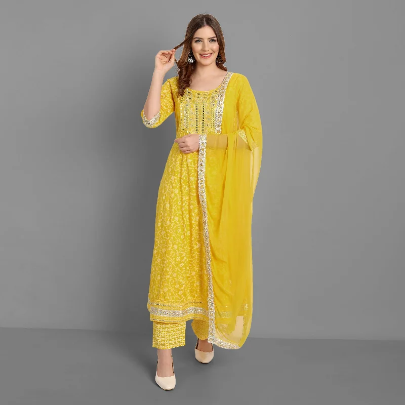 Women's Anarkali Rayon Printed Embroidered Kurta With Pant And Dupatta -SINGNI USA