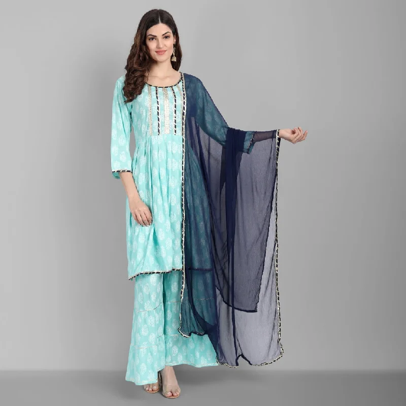 Women's Rayon Sky Blue Embellished Straight Kurta With Sharara And Dupatta Set - Singni