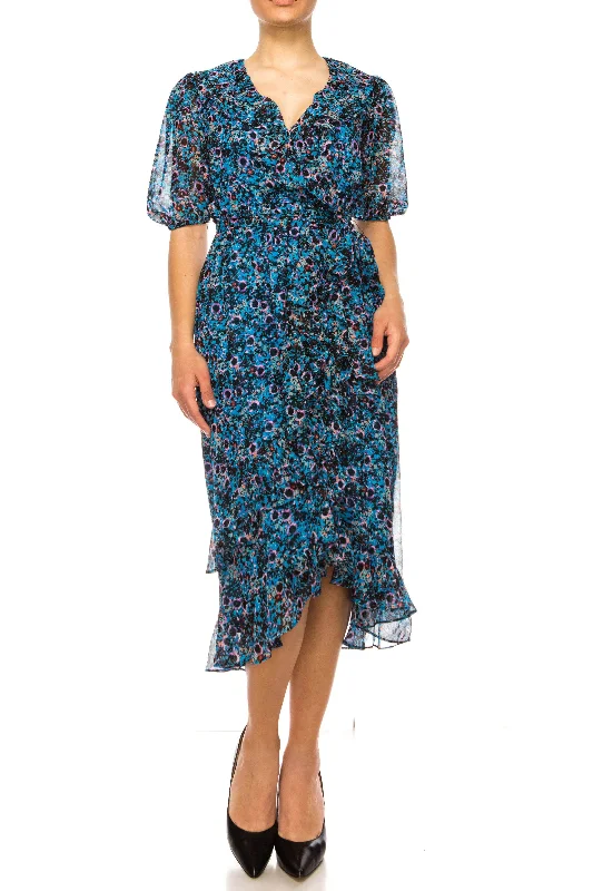 Maison Tara 91673M - V-Neck Tea-Length Casual Dress