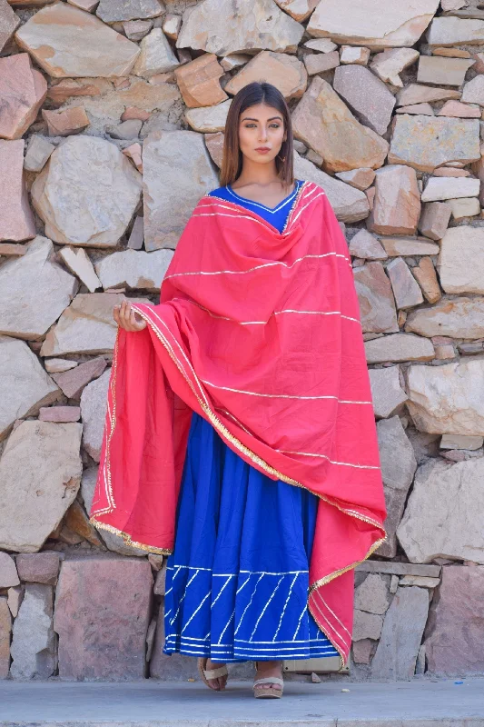 Women's Cotton Blue Anarkali Gown With Dupatta. - Saras The Label