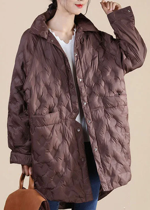 Chocolate Stand Collar Button Loose Winter Puffers Long Down Jacket