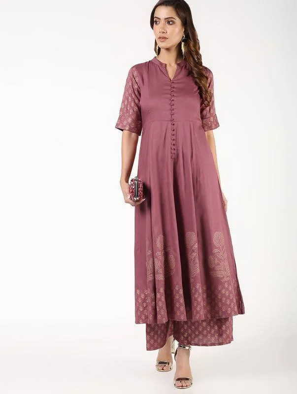 Women's Block Print Anarkali Flared Kurta With Palazzo Set - Aniyah