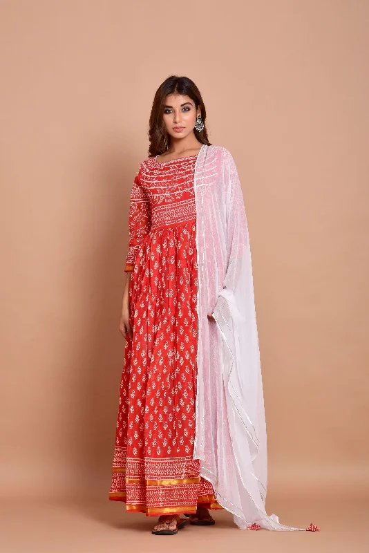 Women's Red Anarkali Dress With Dupatta - Saras The Label