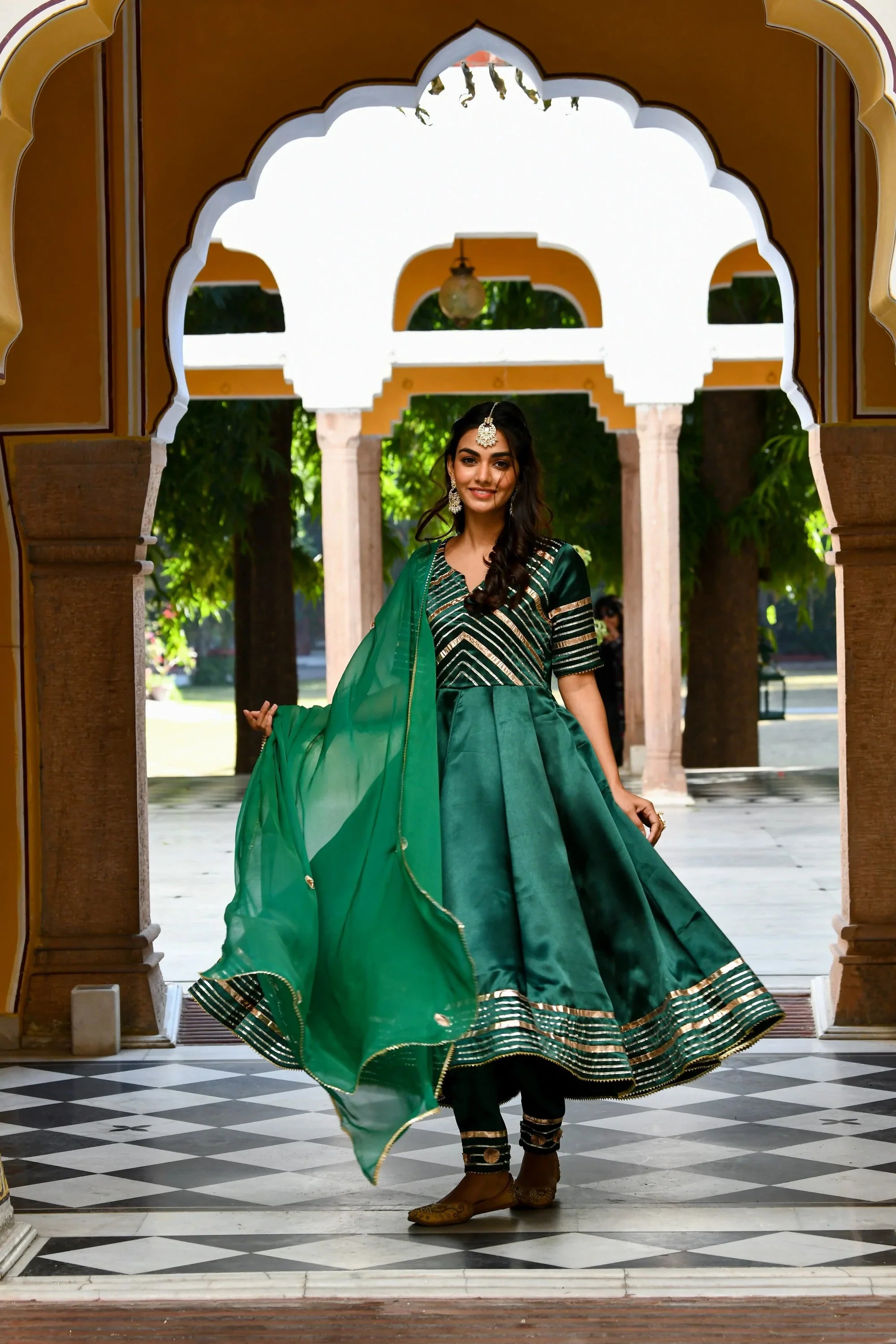 Women's Bottle Green Satin Anarkali Suit- (3Pc Set) - Saras The Label