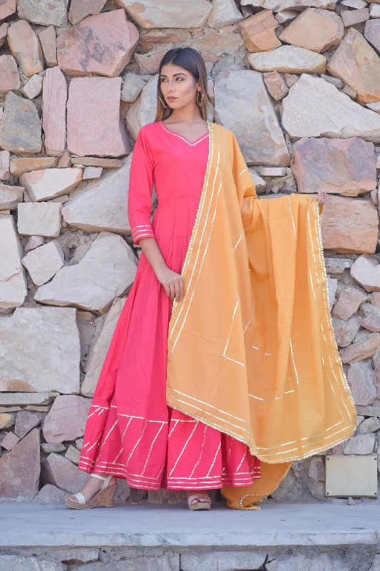 Women's Pink Cotton Anarkali Gown With Dupatta (2Pcs Set) - Saras The Label