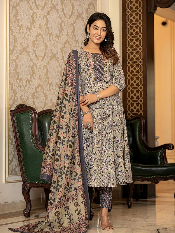 Women's Grey Leaf Print Cotton Anarkali Kurta Trouser And Dupatta Set  - Yufta