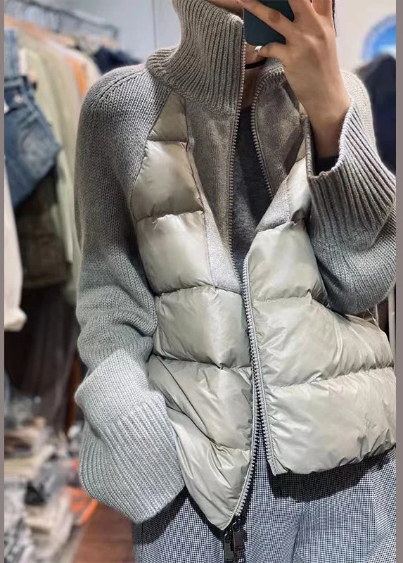 Loose Grey Turtleneck Zip Up Knit Patchwork Parka Long Sleeve