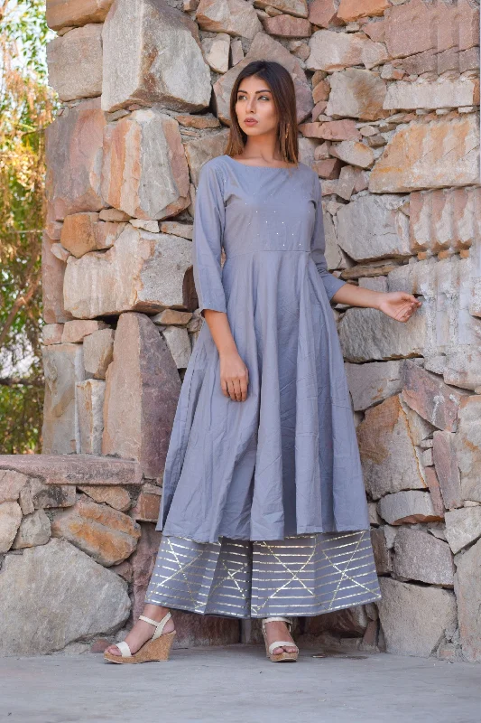 Women's Grey   Gota Anarkali Kurta Palazzo And Dupatta Set - Saras The Label