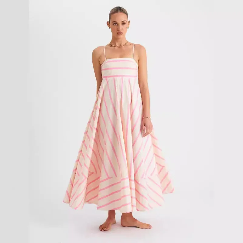 Summer Pink Striped Sleeveless Long Dresses