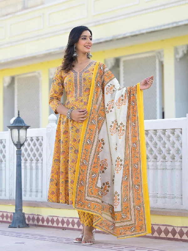 Women's Mustard Yellow Floral Print Anarkali Kurta Trouser And Dupatta Set - Yufta