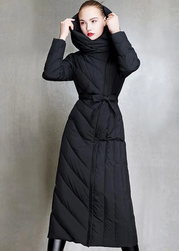 2024 Loose fitting womens parka hooded winter outwear black  tie waist down coat winter