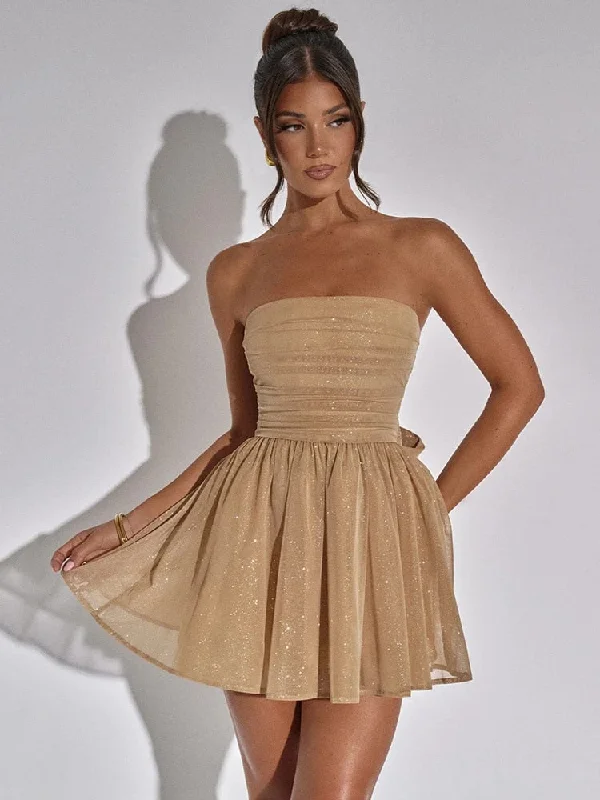 Sparkle Mesh Backless Bow Pleated Mini Dress