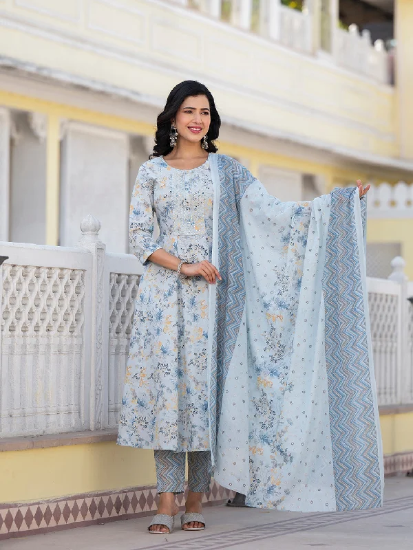 Women's Grey Sequins_Work Anarkali Kurta Trouser And Dupatta Set  - Yufta