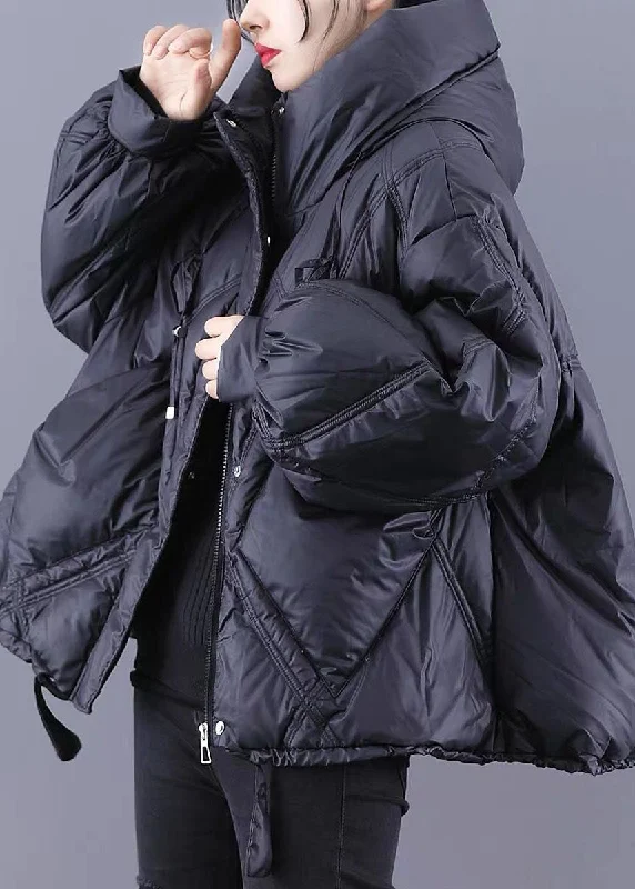 Beautiful Black hooded Loose zippered Warm Winter Duck Down Jacket