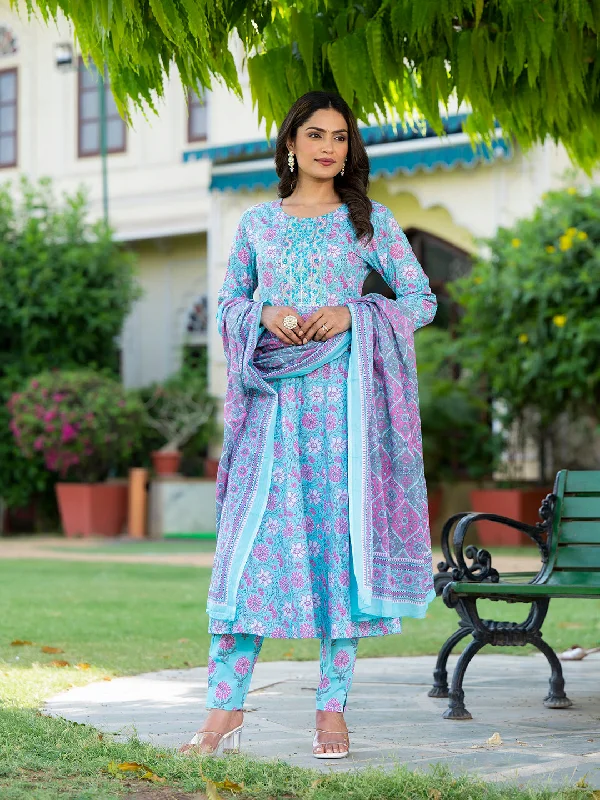 Women's Blue Floral Print Anarkali Kurta Trouser And Dupatta Set - Yufta