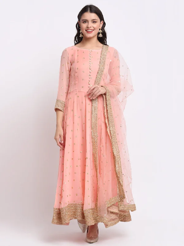 Women's Peach Georgette Anarkali Kurta With Churidar And Dupatta by Anokherang (3pcs Set)