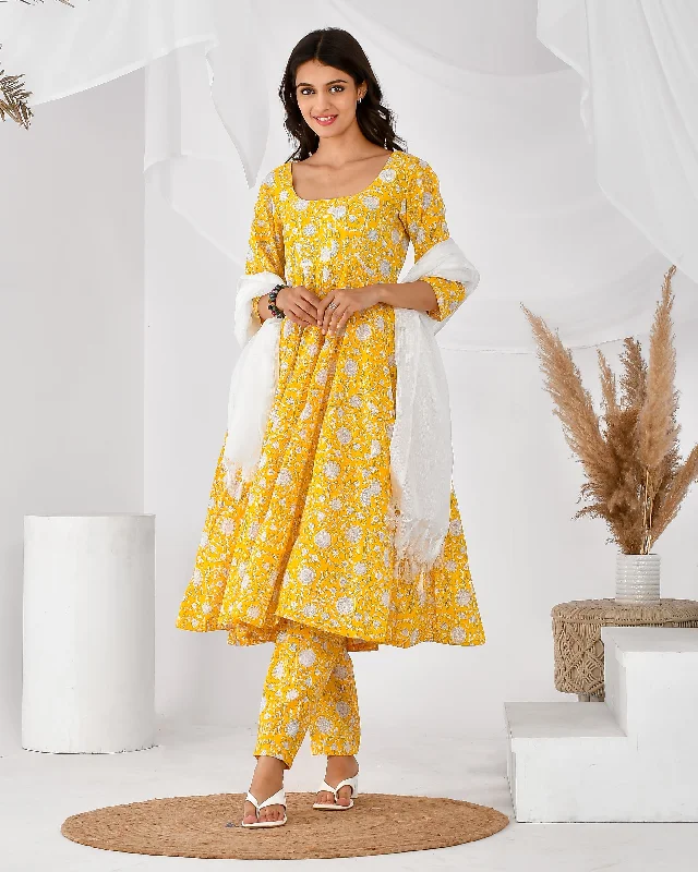 Women's yellow printed anarkali set-RANGPUR