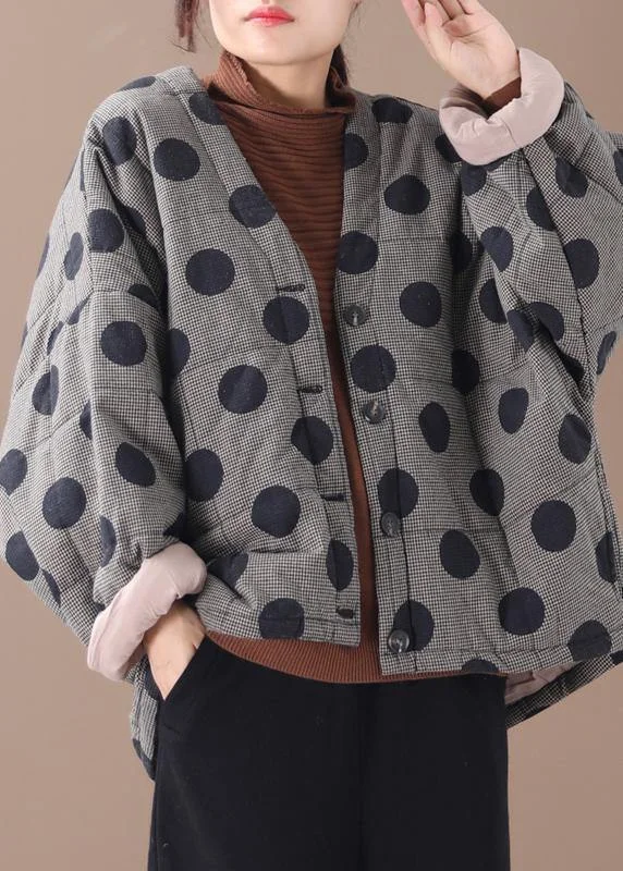 Fine plus size clothing jackets black plaid dotted v neck Button Down women parka