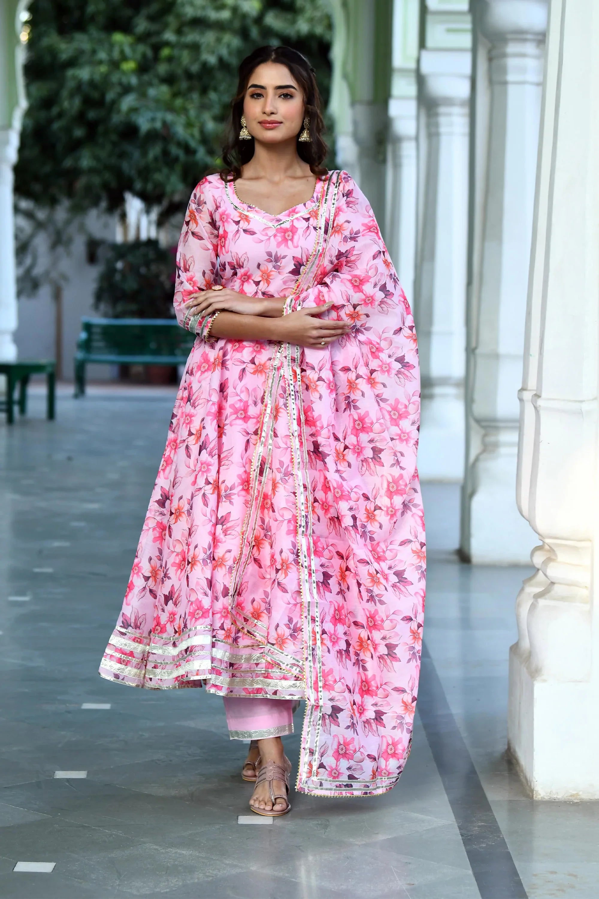 Women's Pink Floral Anarkali Suit Set - Saras The Label -3Pc Set