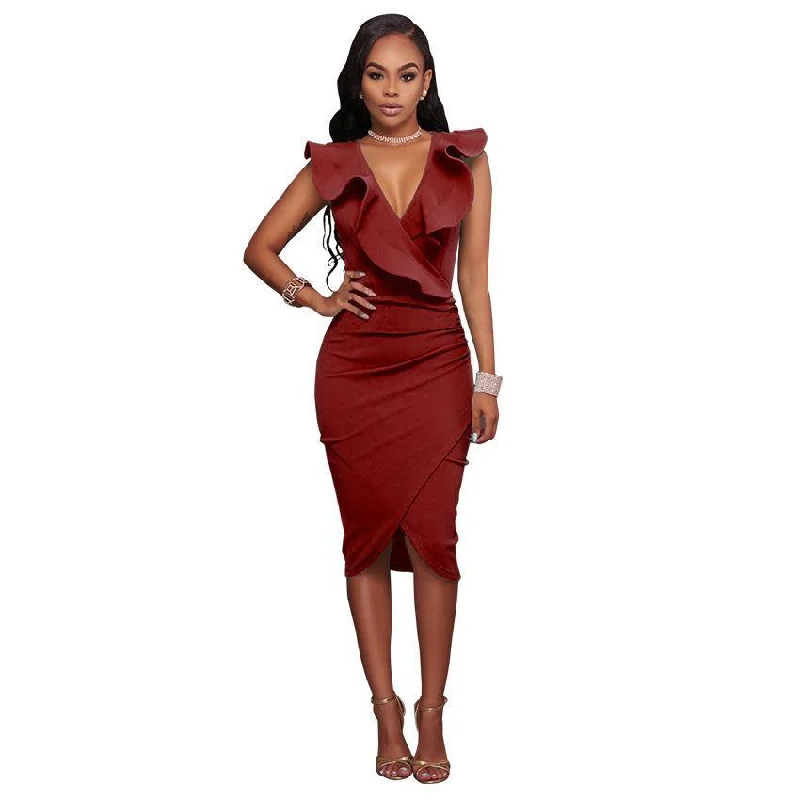 Sexy V-neck Ruffled Sleeveless Sheath Dresses