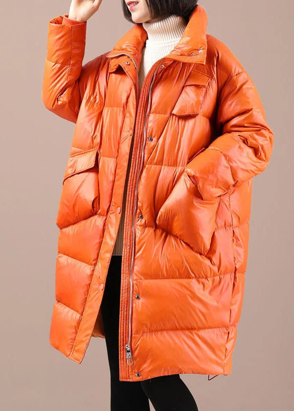 Chic Orange Loose Stand Collar Pockets Winter Duck Down Coats