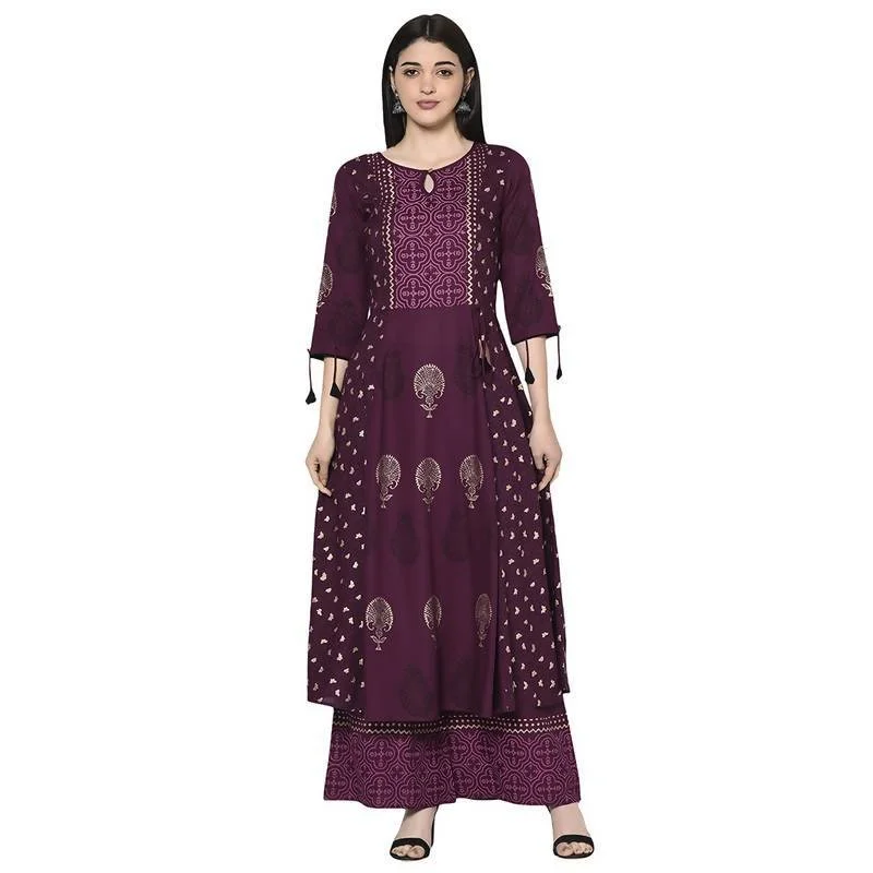 Women's Wine Anarkali Kurta with palazzo set by Aniyah- (2pcs set)