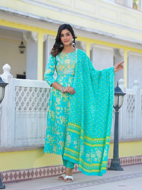 Women's Sea Green Zari_Work Anarkali Pant Dupatta Set - Yufta