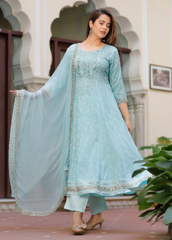 Women's Sky Blue Anarkali Embroidered Kurta With Pant And Dupatta Set - SINGNI