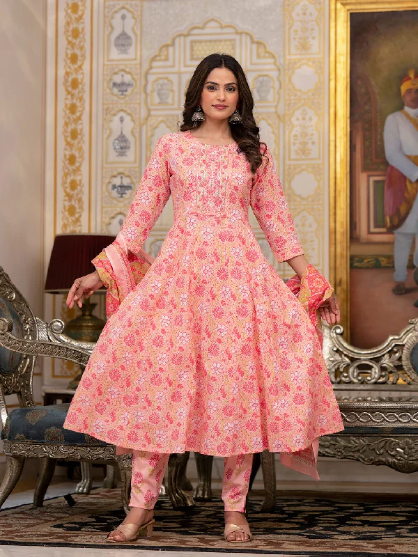 Women's Peach Floral Print Anarkali Kurta Trouser And Dupatta Set - Yufta