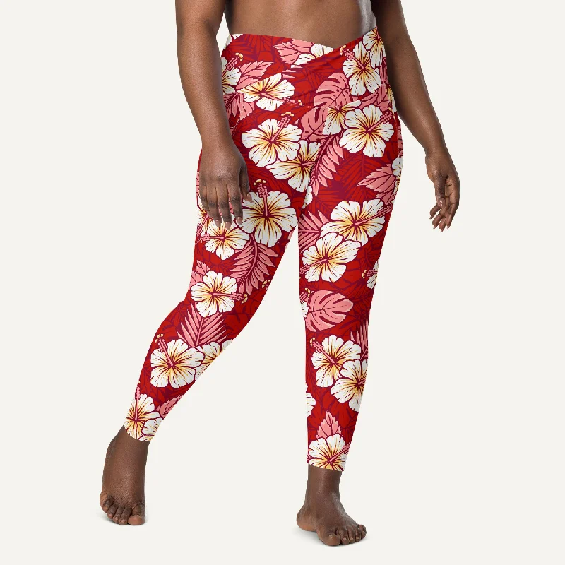 Hawaiian Aloha Red Crossover Leggings With Pockets