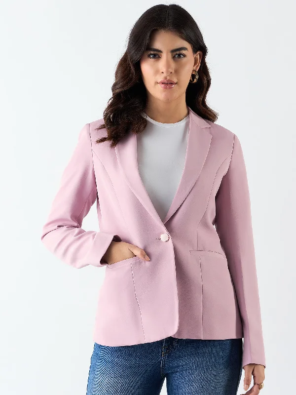 Pink Notched Lapel Single Breasted Blazer In Stretchable Fabric