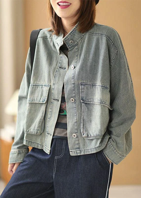 Plus Size Light Blue Pockets Button Fall Denim Long Sleeve Coat