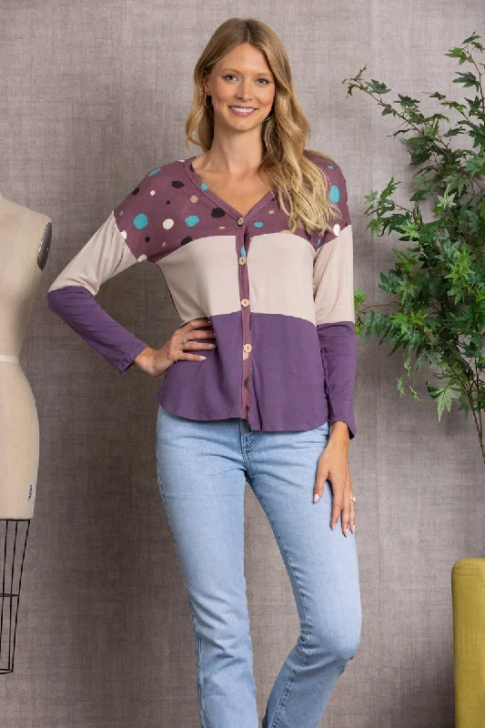 POLKADOT COLOR BLOCK BUTTON DOWN SWEATER-CT43590D