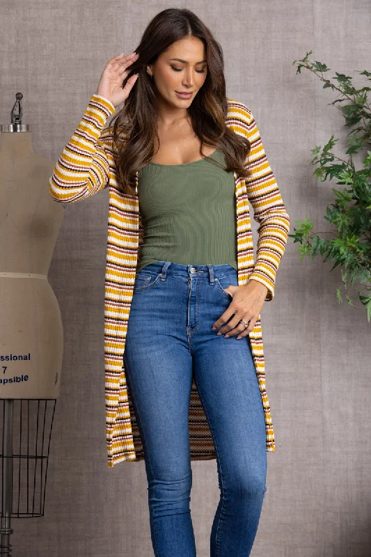 MUSTARD STRIPE OPEN FRONT KNIT LONG CARDIGAN-L4642