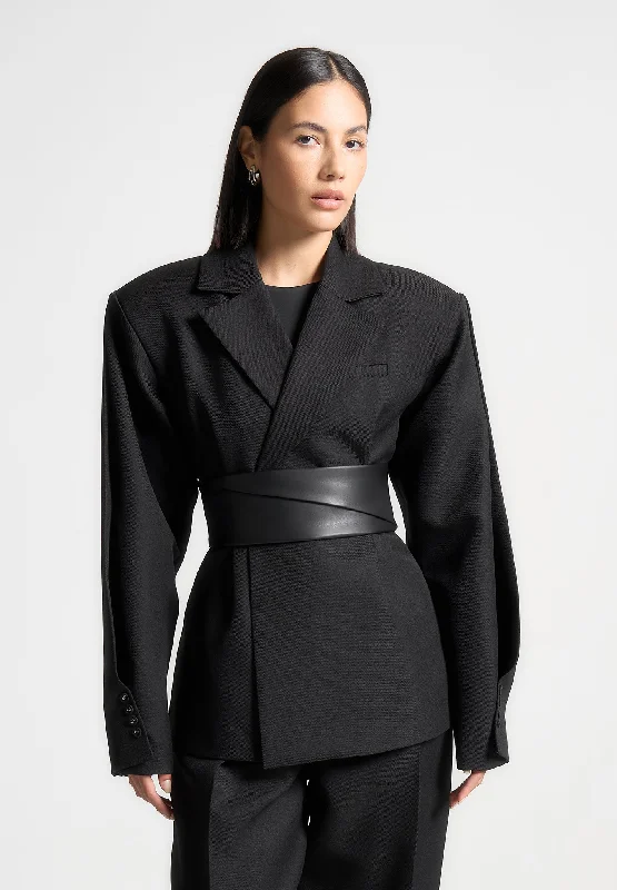 Twist Sleeve Tailored Blazer with Belt - Black