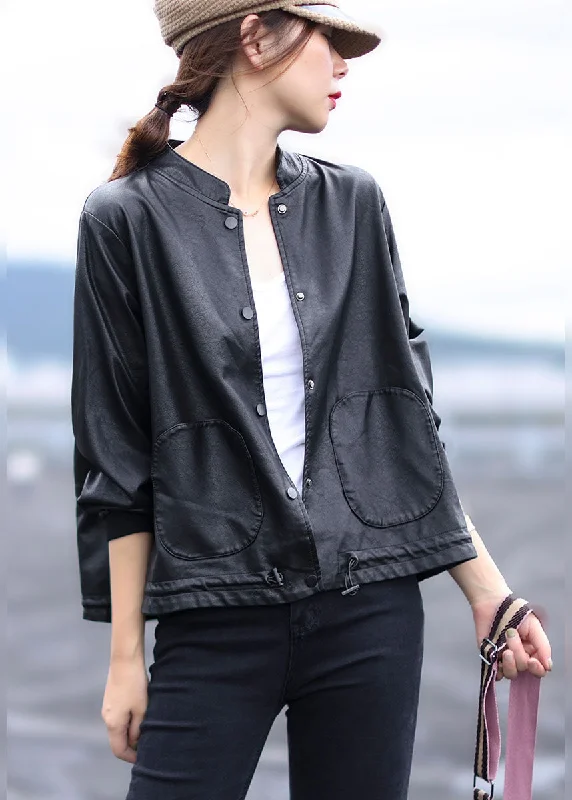 Women Black button drawstring Stand Collar Faux Leather Coats Long Sleeve