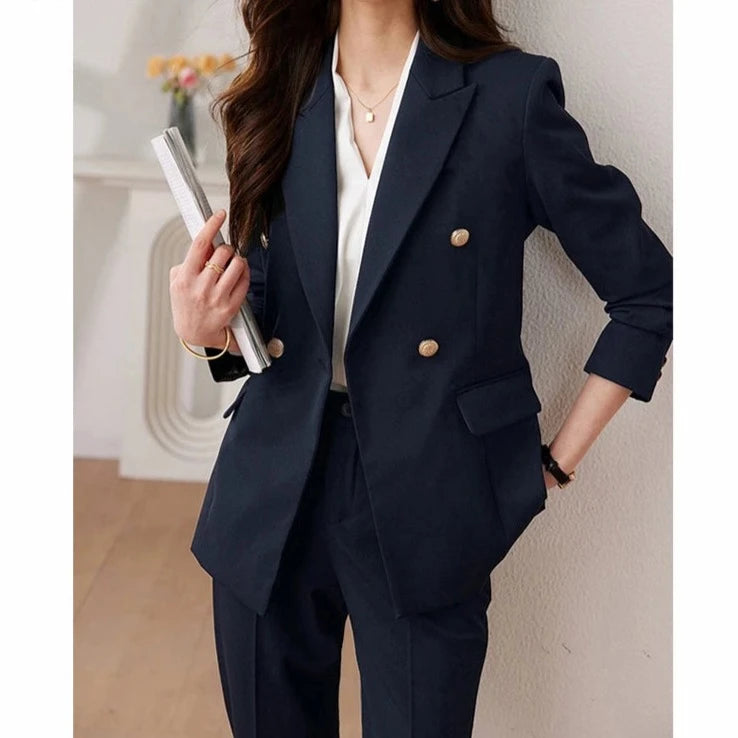 Women's Cotton Notched Long Sleeves Double Breasted Blazer Set