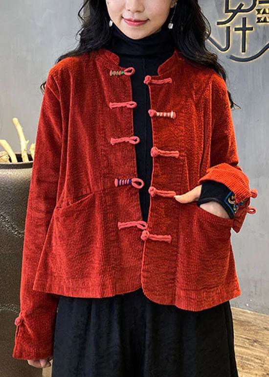 2024 Red button O-Neck pockets Corduroy Coats Spring