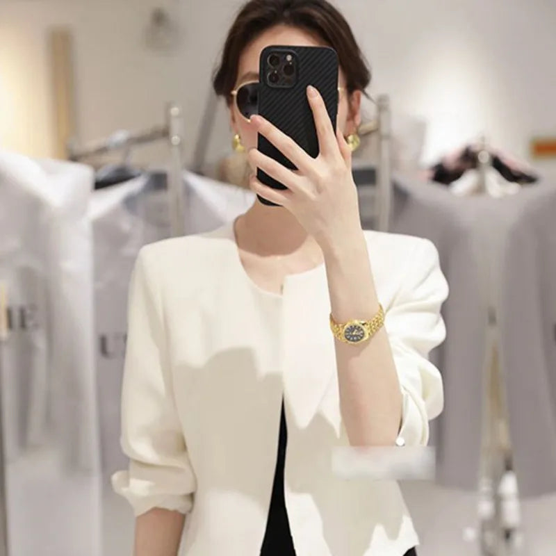 Women's Cotton O-Neck Long Sleeves Open Stitch Trendy Blazer