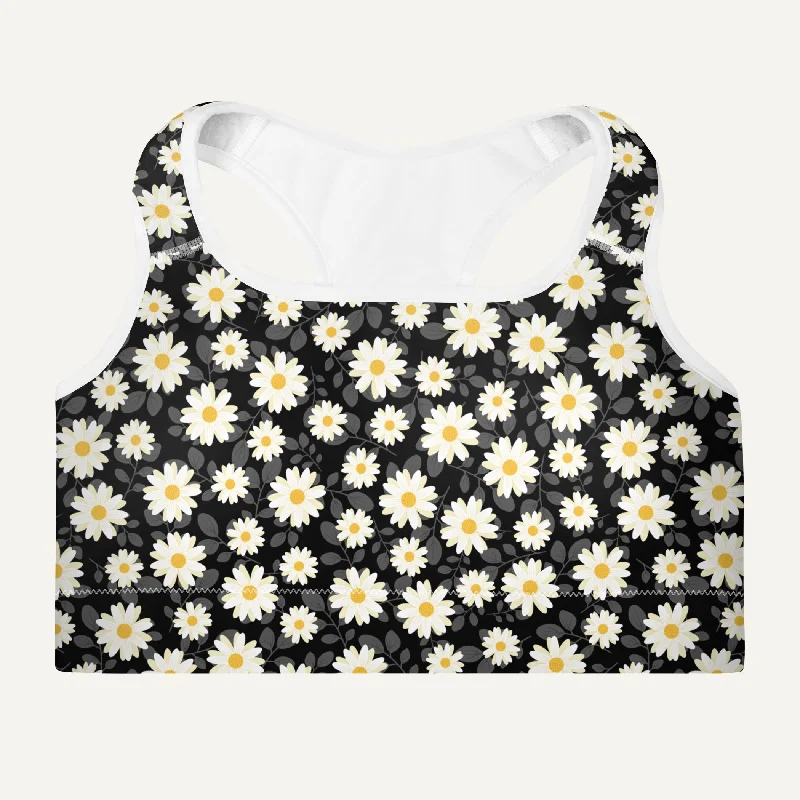 Summer Daisies Black Padded Sports Bra