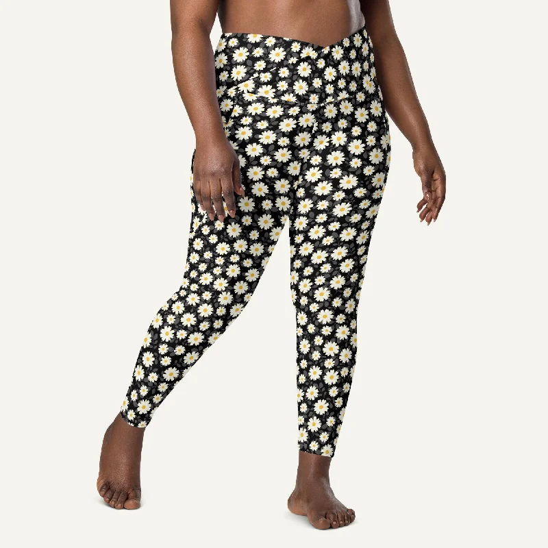 Summer Daisies Black Crossover Leggings With Pockets