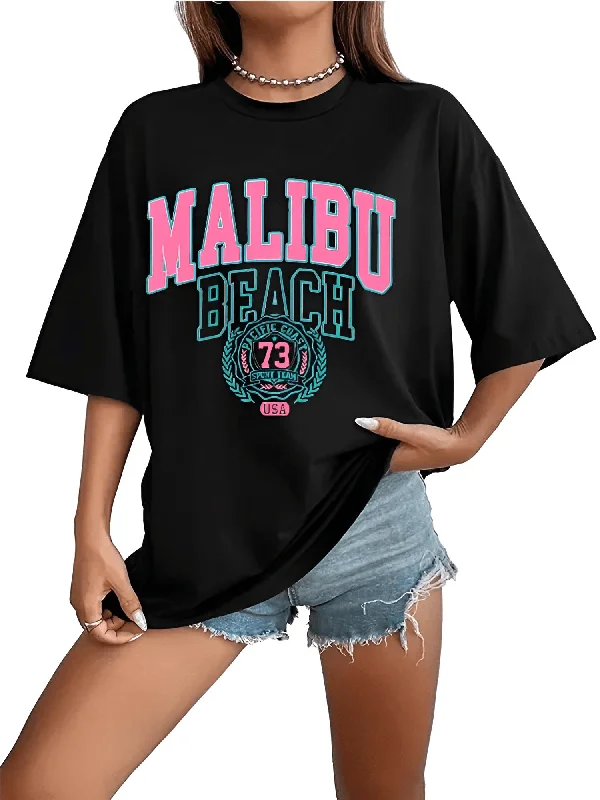 Women's Malibu Beach T-Shirt Cotton Washed Print Tee Shirt Fashion Loose Tops Casual Female Clothes