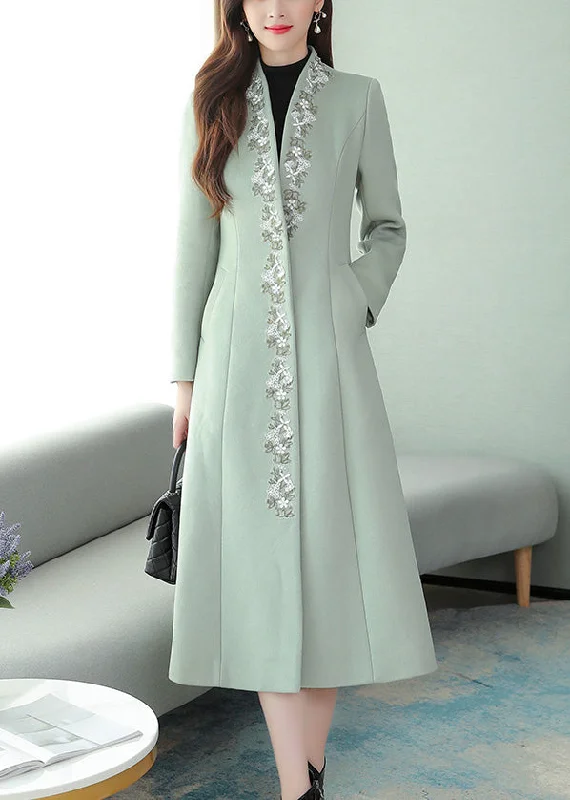 Mint Green Embroideried Floral Woolen Maxi Trench Coat Long Sleeve