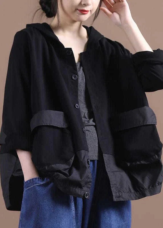 Women Black Hooded Patchwork Cotton Spring Coat