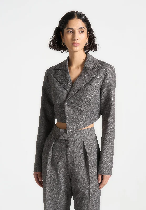 Asymmetric Tailored Cropped Blazer - Grey Marl