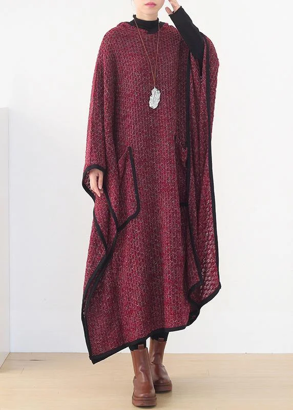 Luxury burgundy woolen outwear oversize hooded large hem long outwear