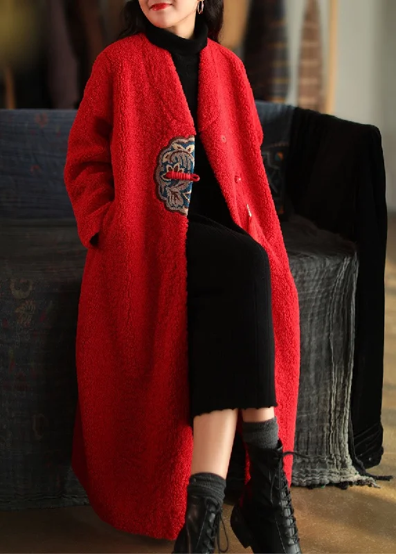 2024 Red Embroideried Patchwork Winter Thick Coats Wool Jackets