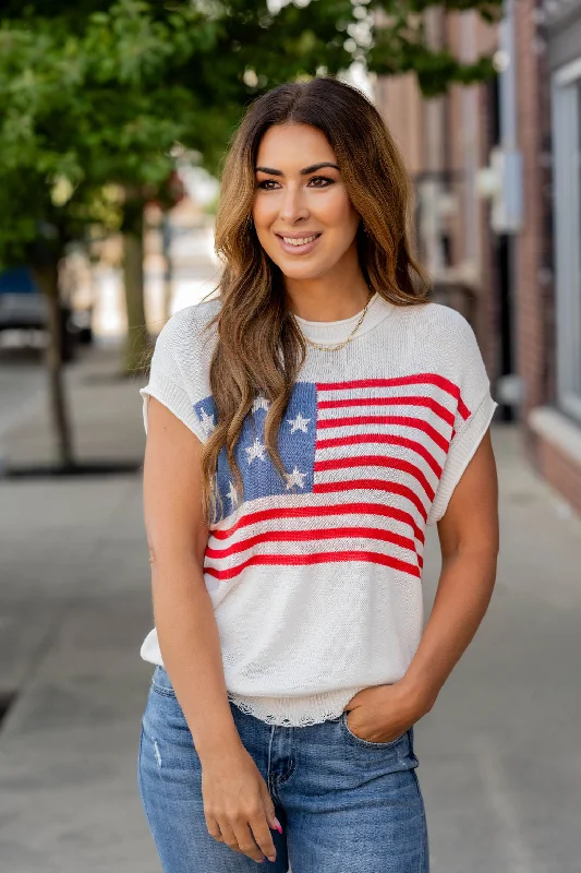 Distressed American Flag Short Sleeve Sweater