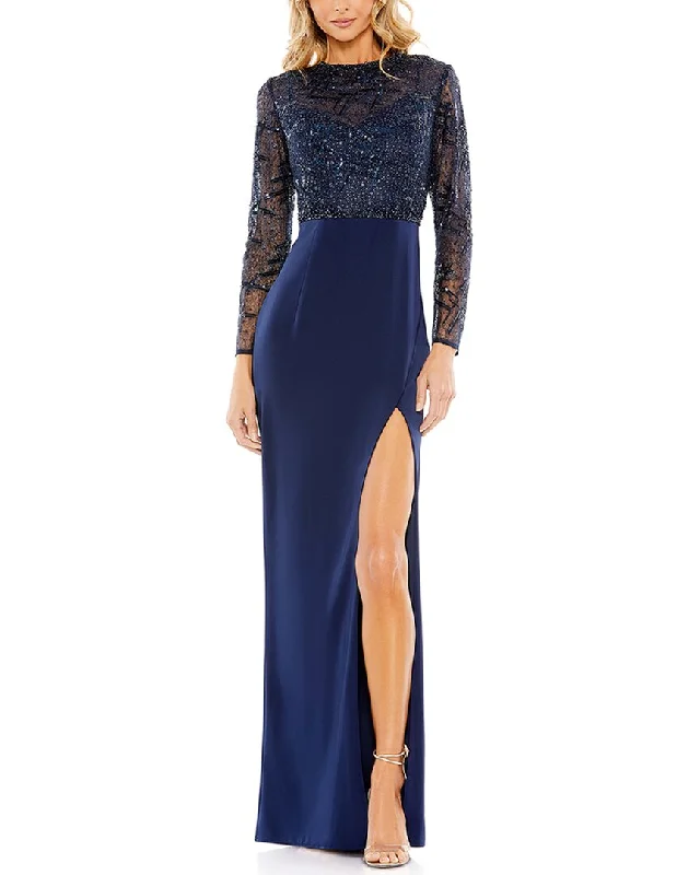 Mac Duggal Embellished High-Heck Bodice Faux Wrap Gown