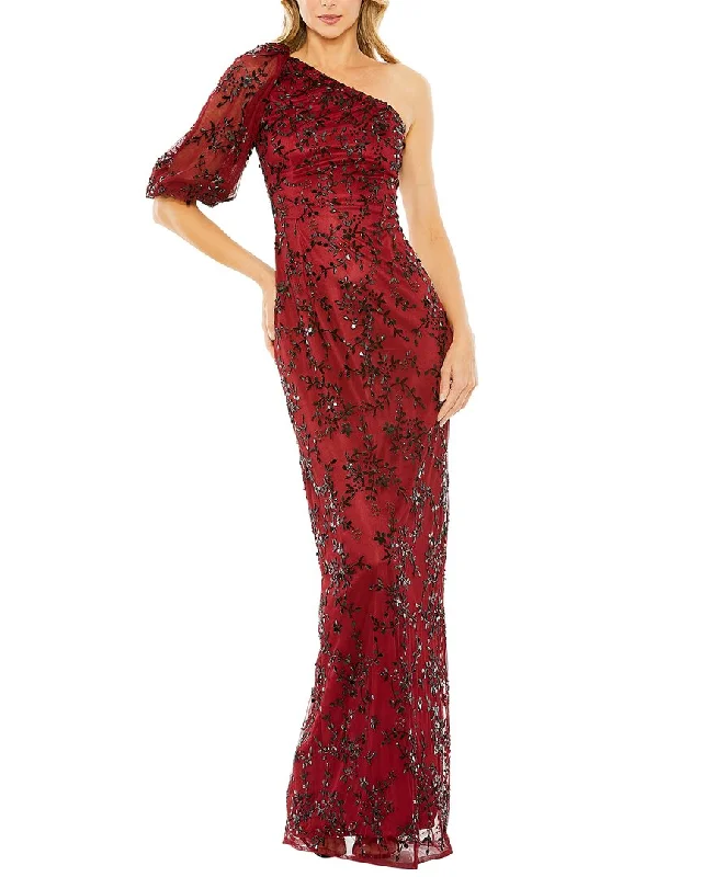 Mac Duggal One-Shoulder Puff Sleeve Embellished Column Gown